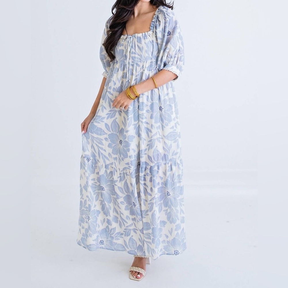 Karlie maxi blue and white floral dress with tie shoulders